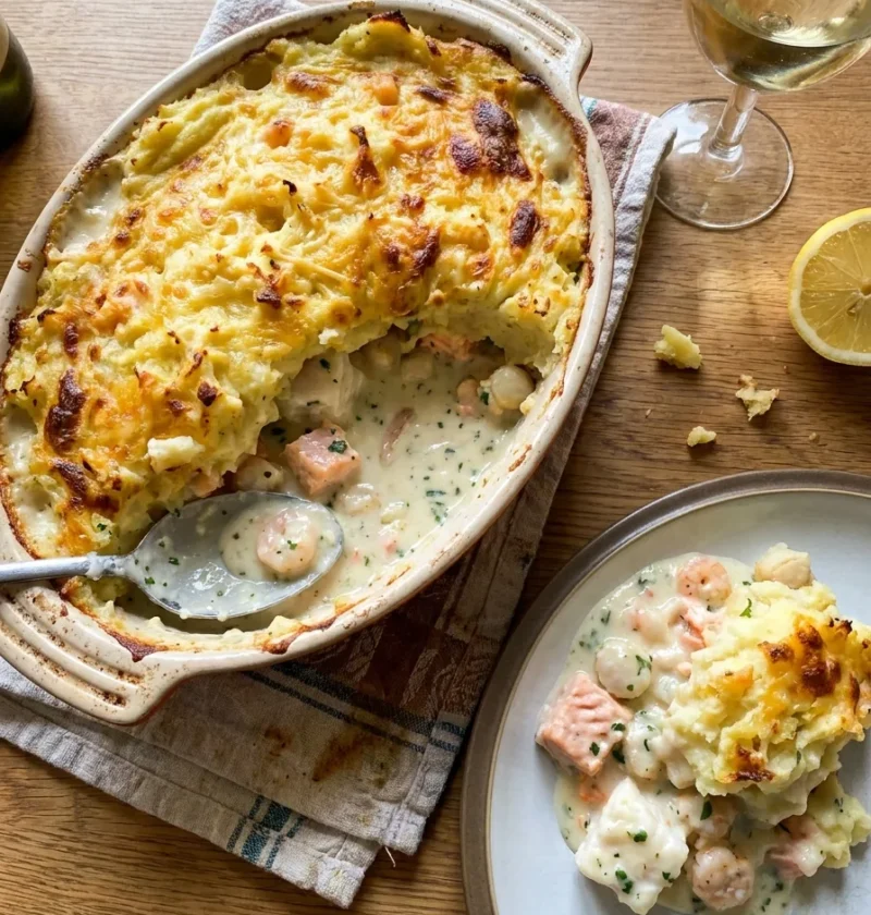 Gordon Ramsay fish pie in an oval baking dish, golden cheesy mash with a portion scooped out showing creamy white sauce with salmon chunks prawns and scallops, a glass of white wine beside it