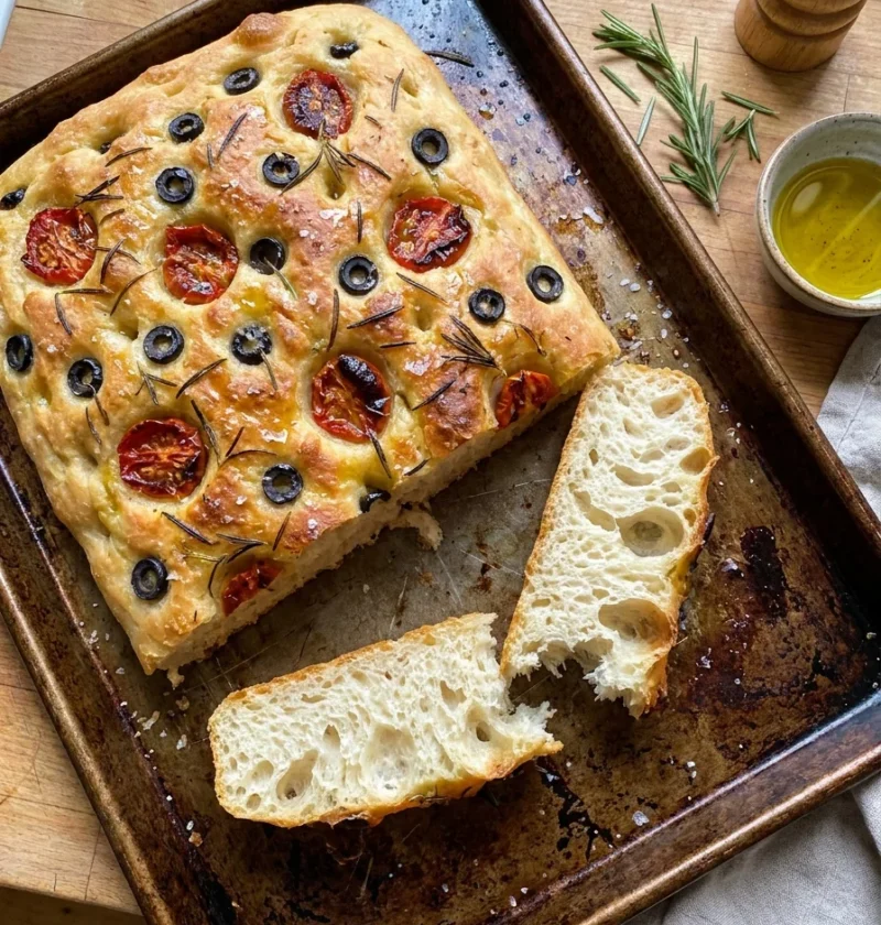 Gordon Ramsay focaccia bread with olives tomatoes and rosemary on a baking tray showing airy crumb