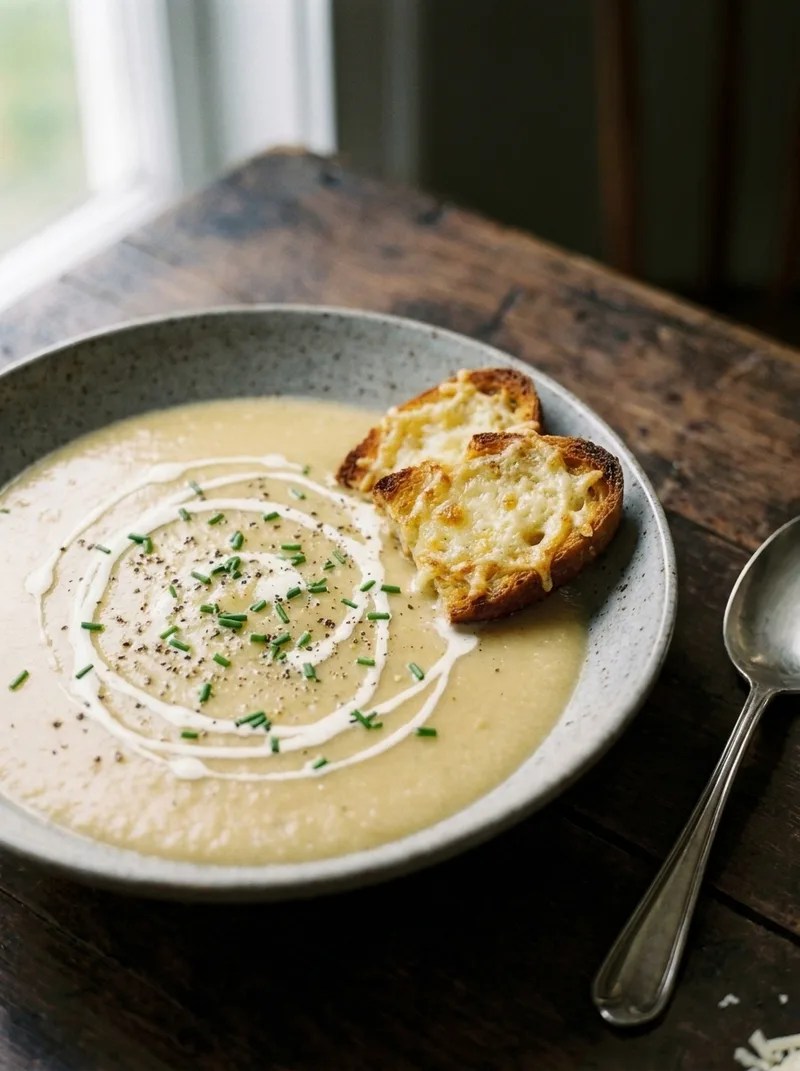 Close-up of smooth French onion soup with melted cheese crouton