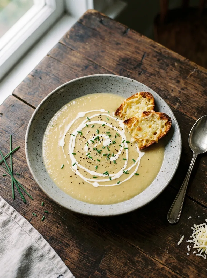 French onion soup with cream, chives and cheesy sourdough crouton