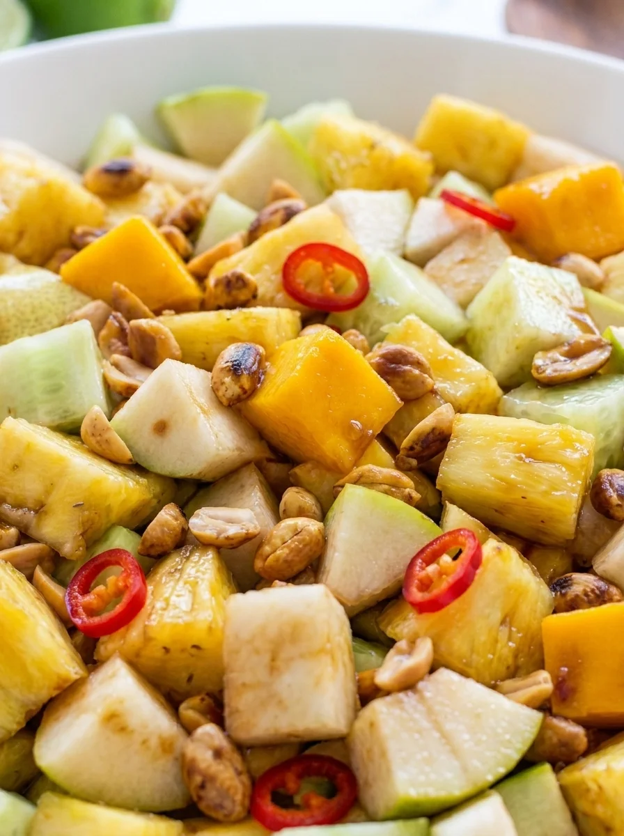 Close up of diced mango and pineapple with tamarind dressing and peanuts
