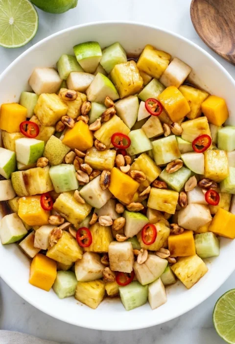 Spicy fruit salad with diced pineapple, mango, apple, pear and tamarind dressing