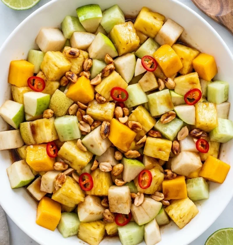Spicy fruit salad with diced pineapple, mango, apple, pear and tamarind dressing