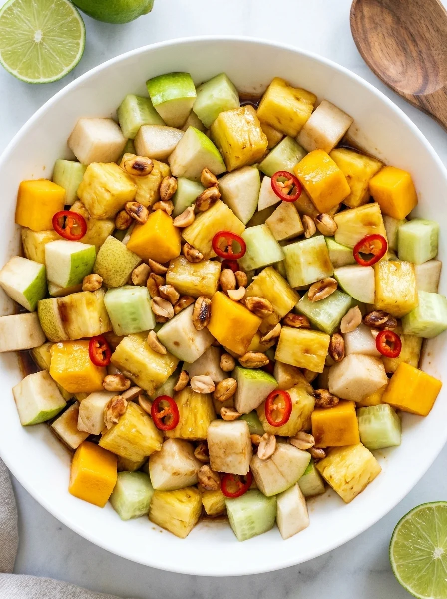 Spicy fruit salad with diced pineapple, mango, apple, pear and tamarind dressing