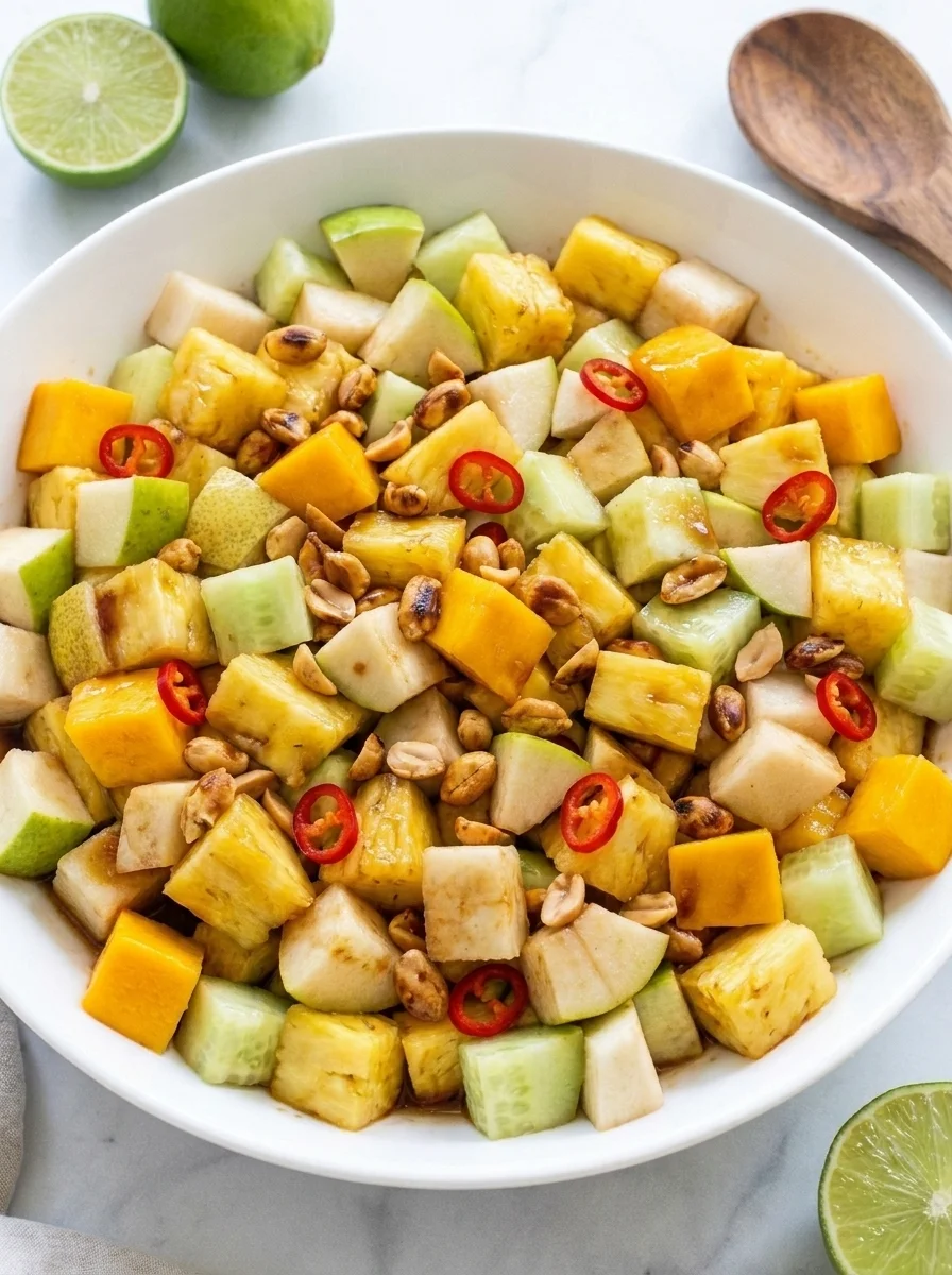 Side view of Thai-style fruit salad with toasted peanuts and chilli