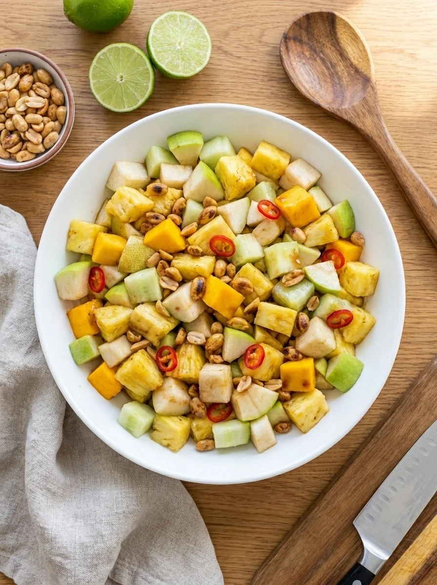 Spicy fruit salad summer scene with limes and peanuts