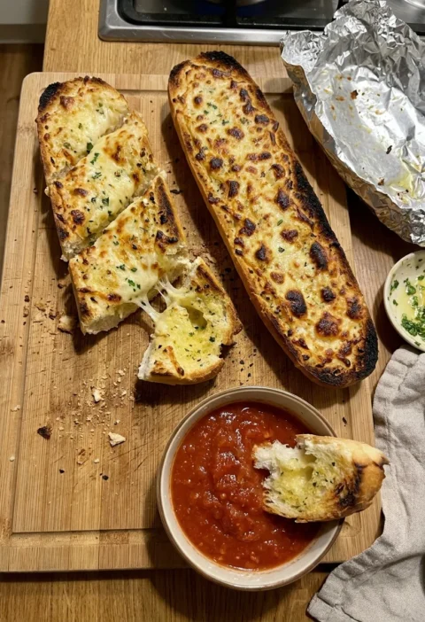 Gordon Ramsay garlic bread halved baguette with melted Parmesan and garlic butter on a wooden board