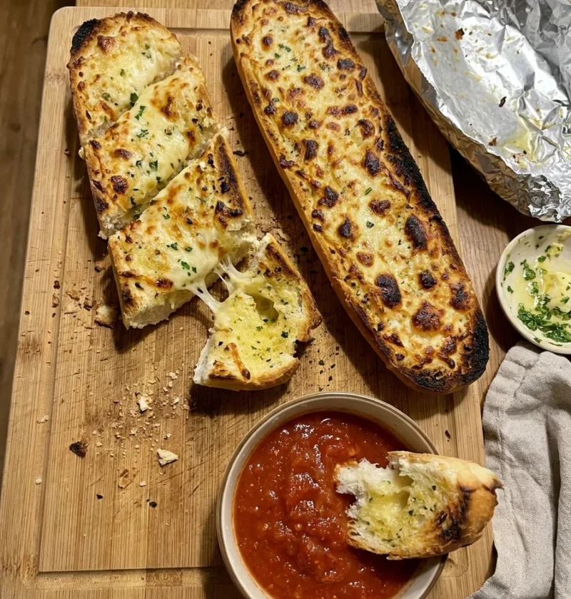 Gordon Ramsay garlic bread halved baguette with melted Parmesan and garlic butter on a wooden board