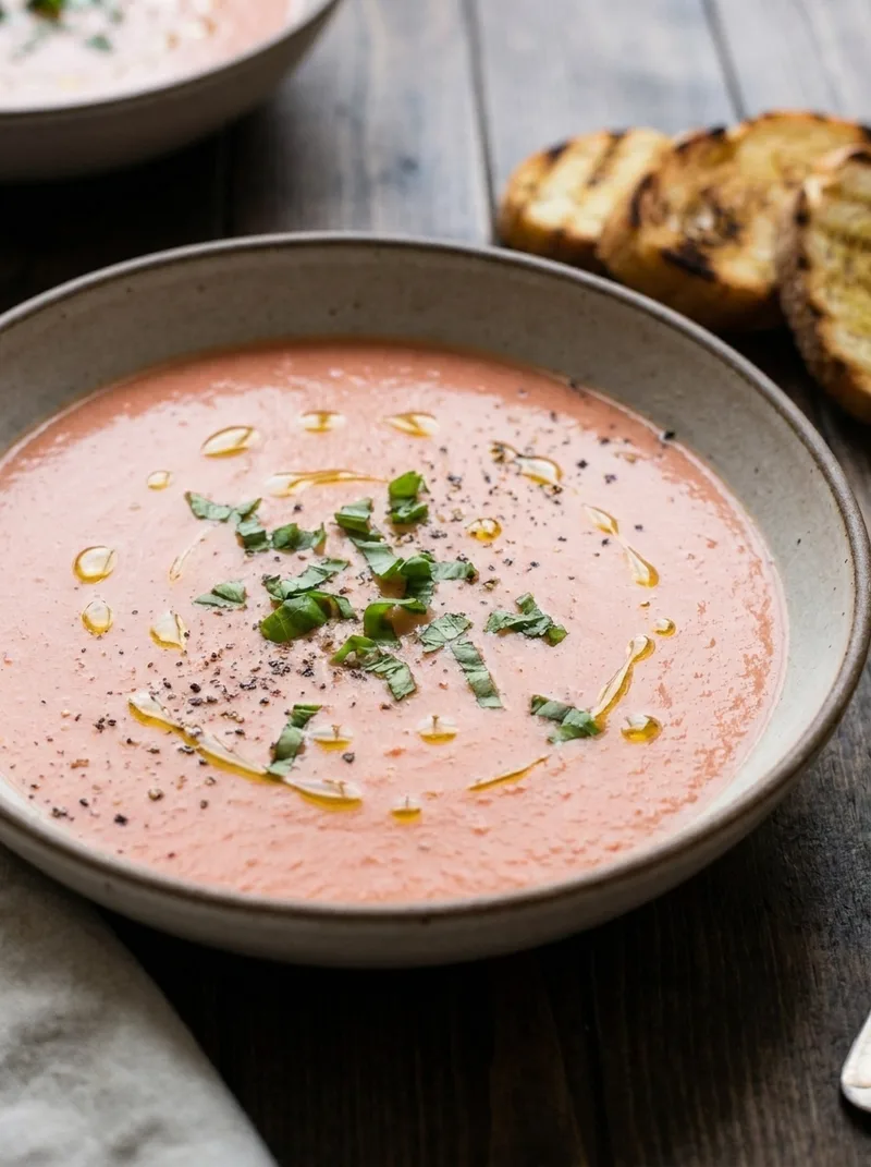 Close-up of smooth gazpacho with olive oil droplets and basil