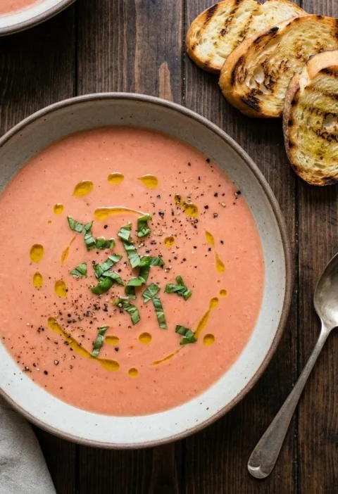 Gordon Ramsay gazpacho with olive oil, chopped basil and griddled toasts on dark wood table