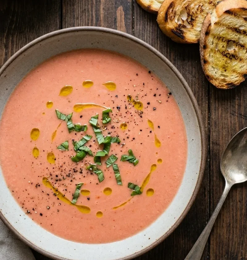 Gordon Ramsay gazpacho with olive oil, chopped basil and griddled toasts on dark wood table