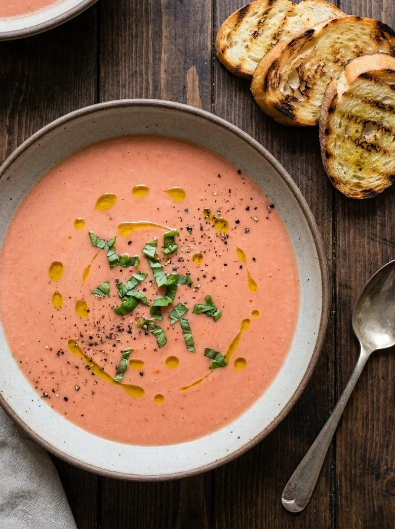 Gordon Ramsay gazpacho with olive oil, basil and griddled toasts