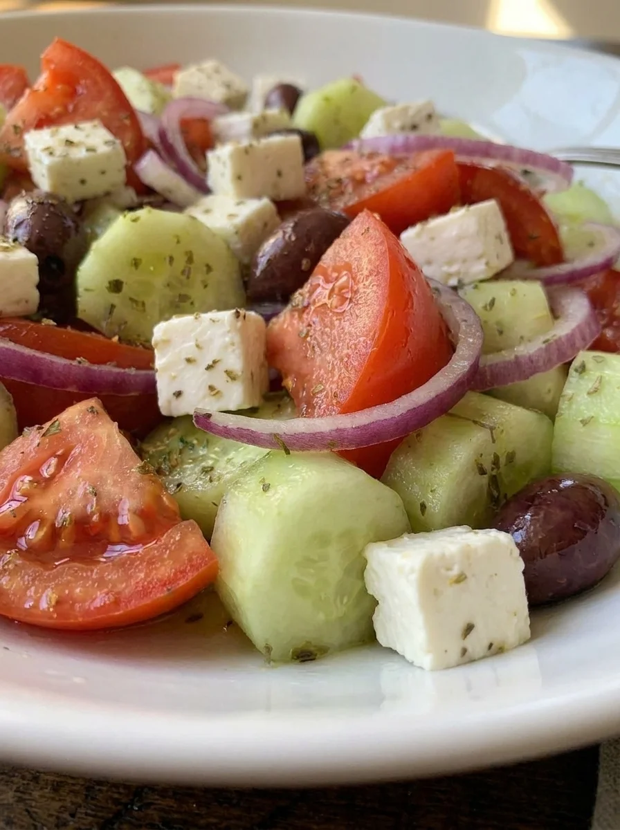 Close up of feta cube with oregano, tomato wedge and Kalamata olive