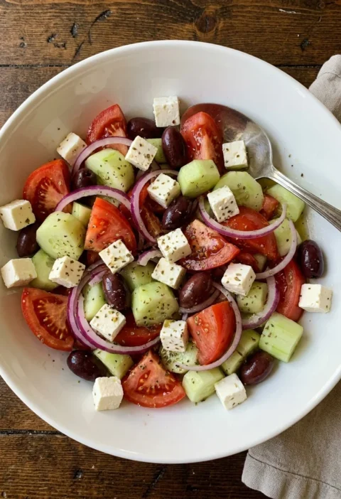 Greek salad with chunky tomato wedges, cucumber, feta cubes, olives and oregano