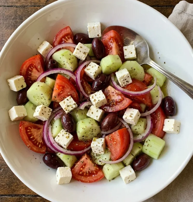 Greek salad with chunky tomato wedges, cucumber, feta cubes, olives and oregano