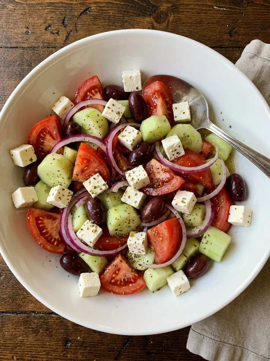 Greek salad with chunky tomato wedges, cucumber, feta cubes, olives and oregano