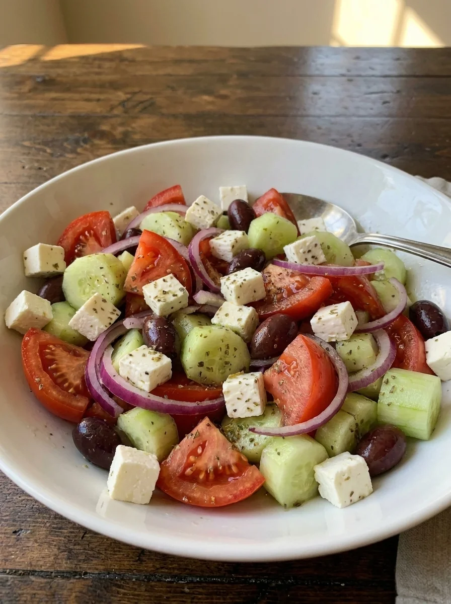 Side view of Greek salad showing chunky vegetables and feta