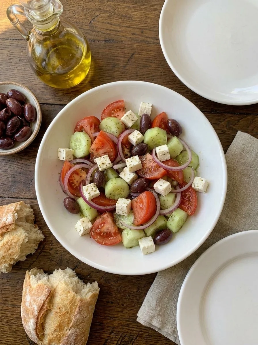 Greek salad Mediterranean lunch spread on dark wood table