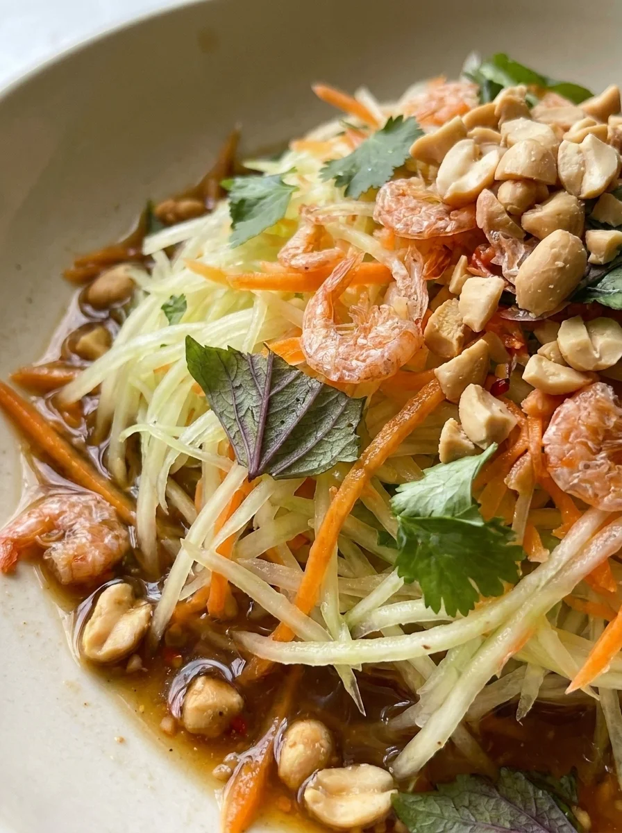 Close up of grated green papaya shreds with dried shrimp and coriander