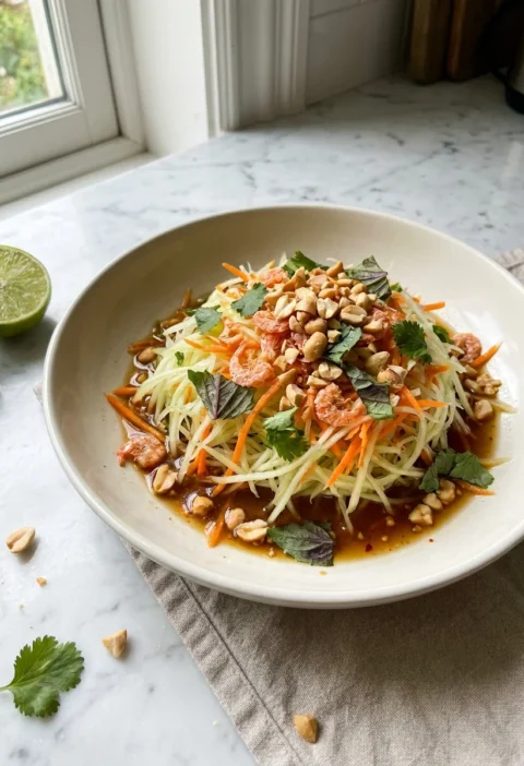 Green papaya salad with grated papaya, carrots, dried shrimp, peanuts and Thai basil