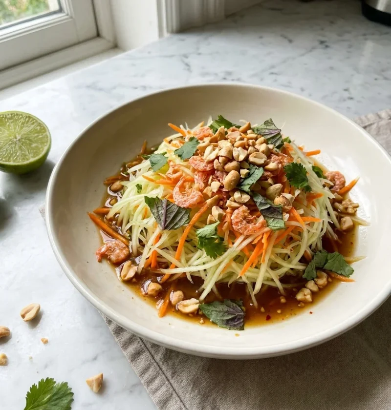 Green papaya salad with grated papaya, carrots, dried shrimp, peanuts and Thai basil