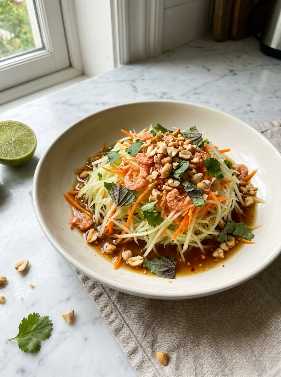 Green papaya salad with grated papaya, carrots, dried shrimp, peanuts and Thai basil