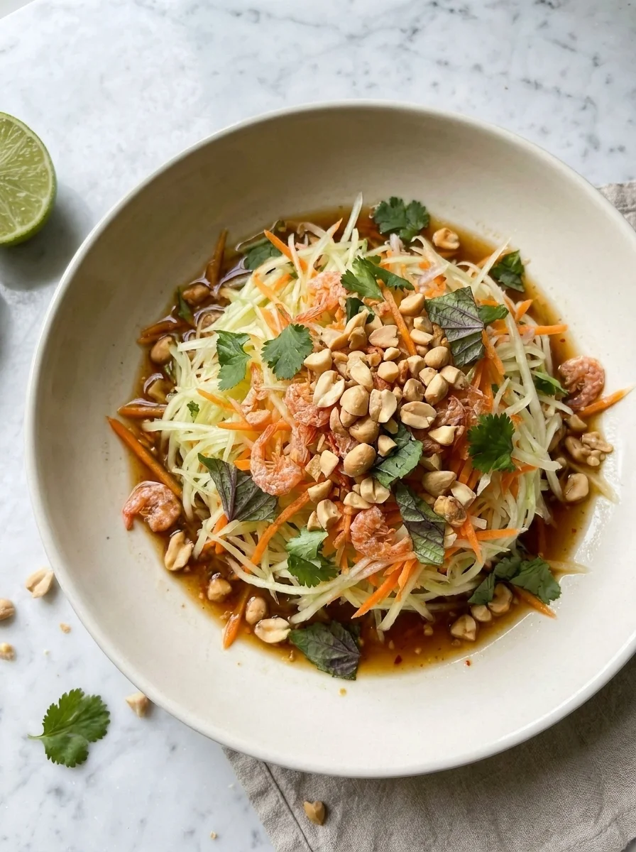 Overhead view of green papaya salad showing tamarind dressing and crushed peanuts