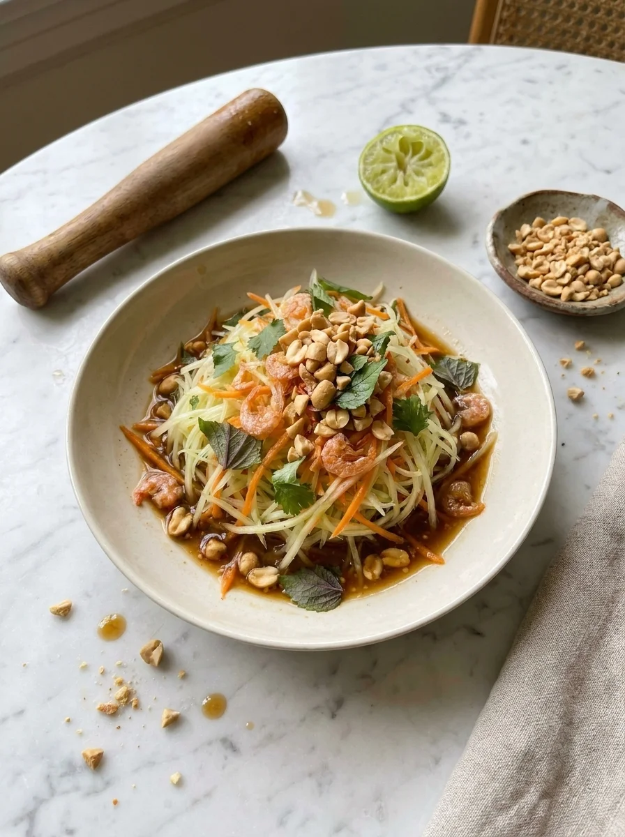 Green papaya salad on marble table with lime and crushed peanuts