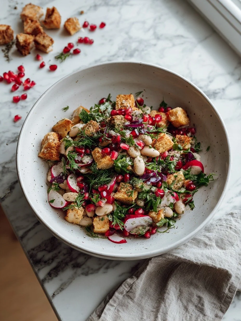 Overhead view of Gordon Ramsay butter bean salad with sumac lemon dressing and crispy bread