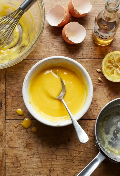 Gordon Ramsay hollandaise sauce bright golden yellow in a white bowl