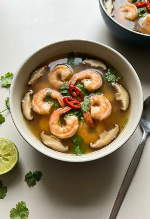 Gordon Ramsay hot and sour prawn soup with shiitake mushrooms coriander and chilli
