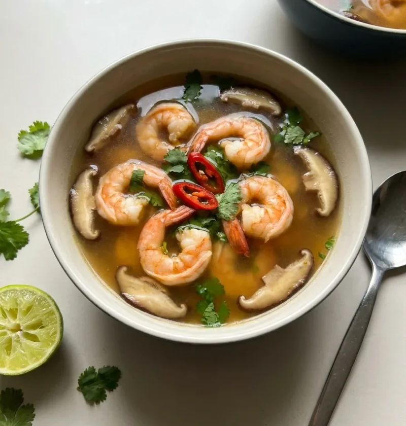Gordon Ramsay hot and sour prawn soup with shiitake mushrooms coriander and chilli