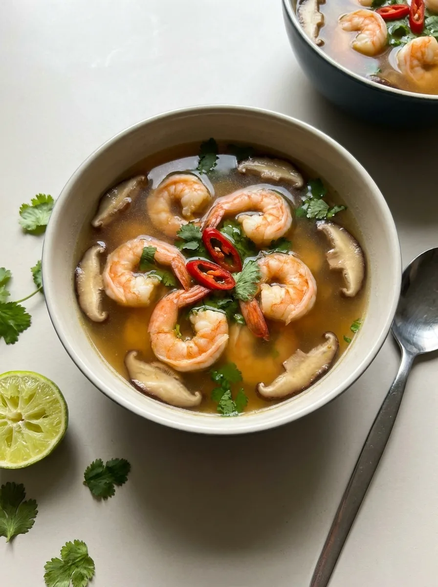Gordon Ramsay hot and sour prawn soup with shiitake mushrooms coriander and chilli