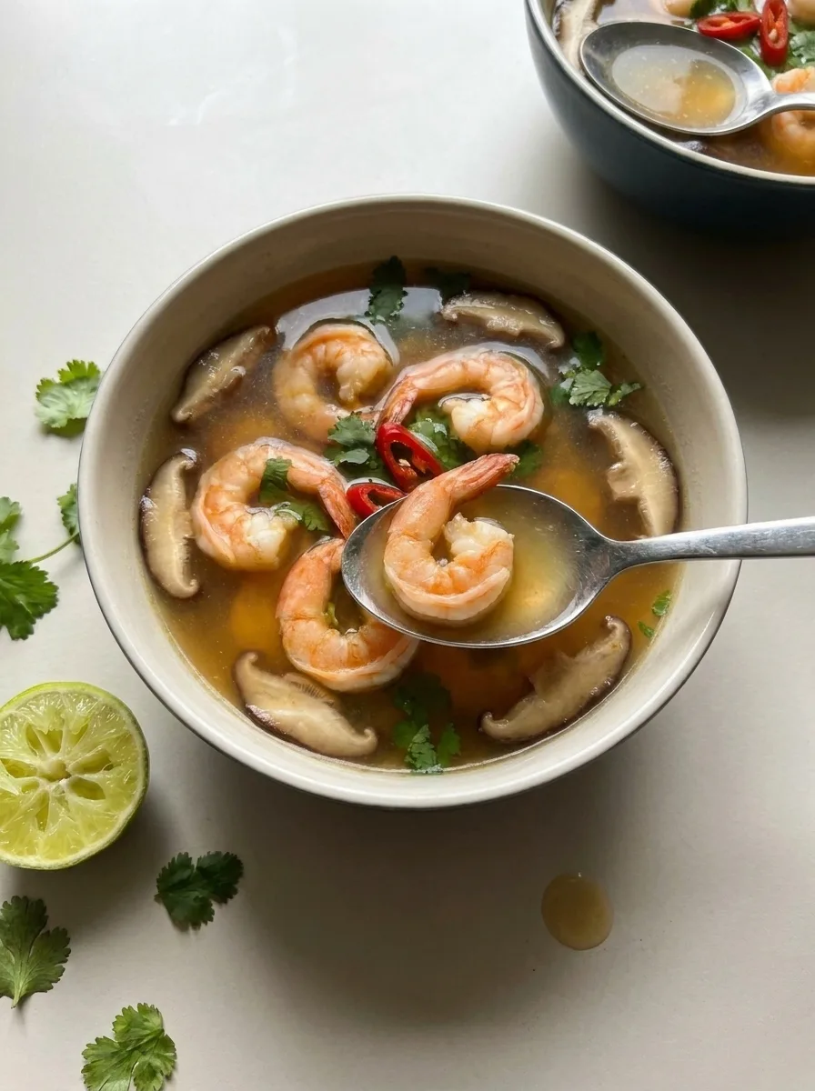 Gordon Ramsay hot and sour soup mid meal with prawn on spoon