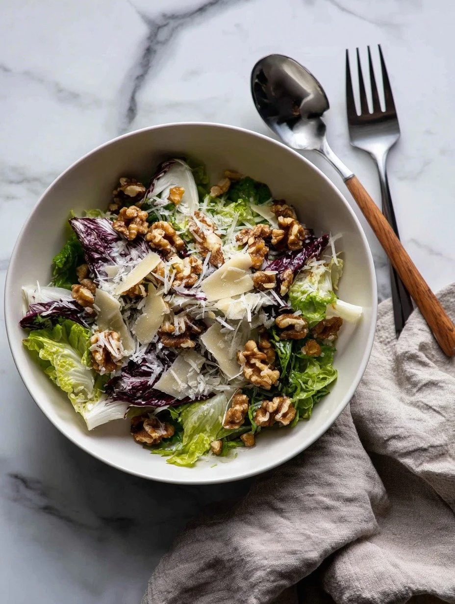 Overhead view of Gordon Ramsay rocket and radicchio salad with walnut dressing