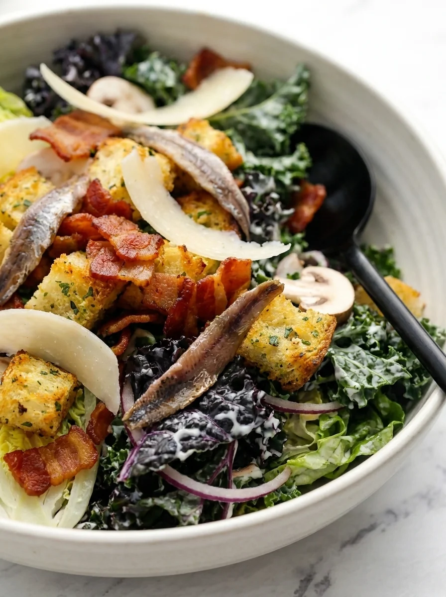Close up of kale salad showing anchovy, Parmesan shaving and golden crouton