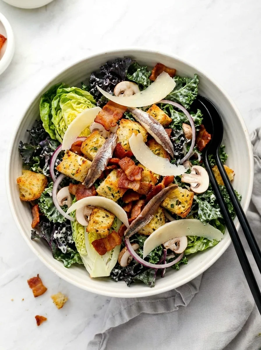 Kale caesar salad with bacon lardons, sourdough croutons, anchovies and Parmesan shavings