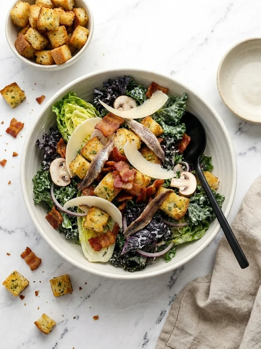 Kale caesar salad on marble table with serving utensils and extra croutons
