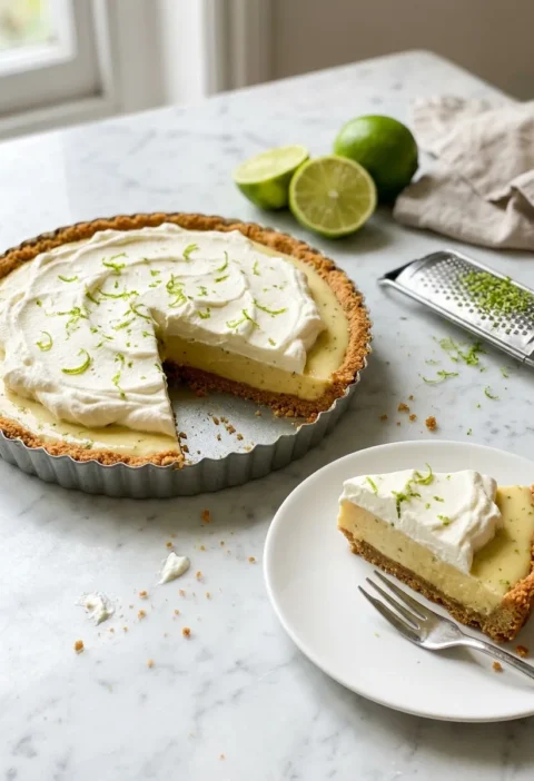 Gordon Ramsay key lime pie with a digestive biscuit base, pale lime custard filling and whipped cream on top, a slice on a plate showing three layers