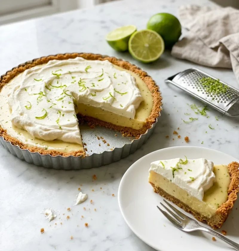 Gordon Ramsay key lime pie with a digestive biscuit base, pale lime custard filling and whipped cream on top, a slice on a plate showing three layers