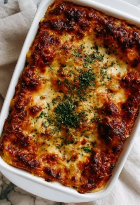 Gordon Ramsay lasagne al forno golden and bubbling in a white baking dish