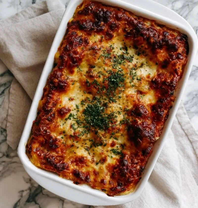 Gordon Ramsay lasagne al forno golden and bubbling in a white baking dish