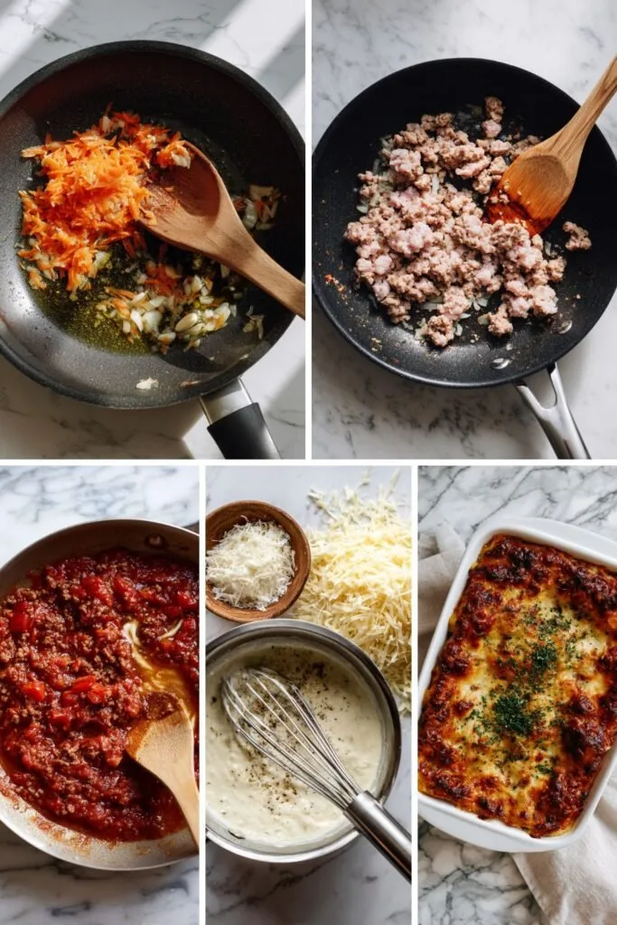 Step by step Gordon Ramsay lasagne al forno showing grated vegetables, browning mince, finished ragu, bechamel with Cheddar and Parmesan, and the baked lasagne