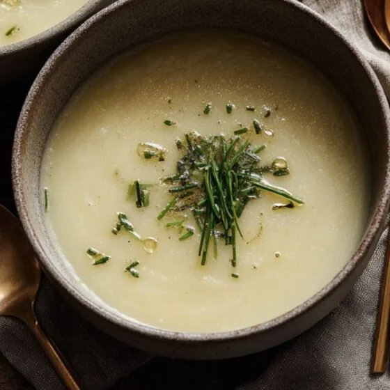 Close-up of creamy leek and potato soup showing silky texture with chive garnish and olive oil drizzle