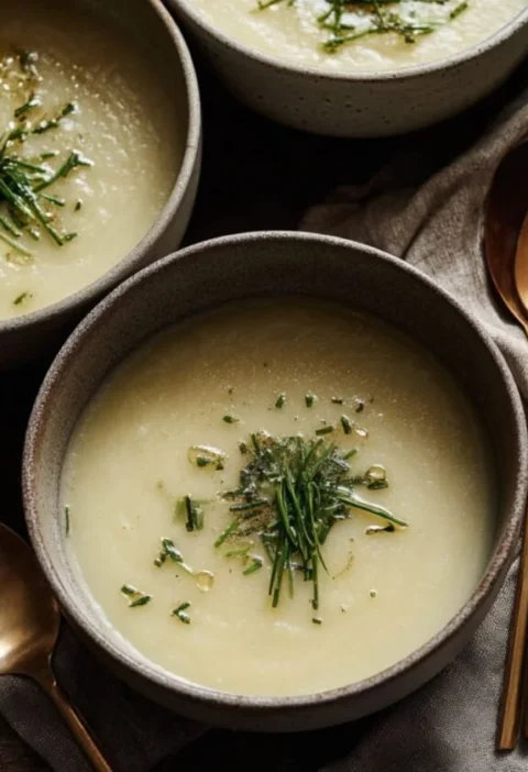 Three bowls of silky Gordon Ramsay leek and potato soup garnished with fresh chives and black pepper on a dark wood table