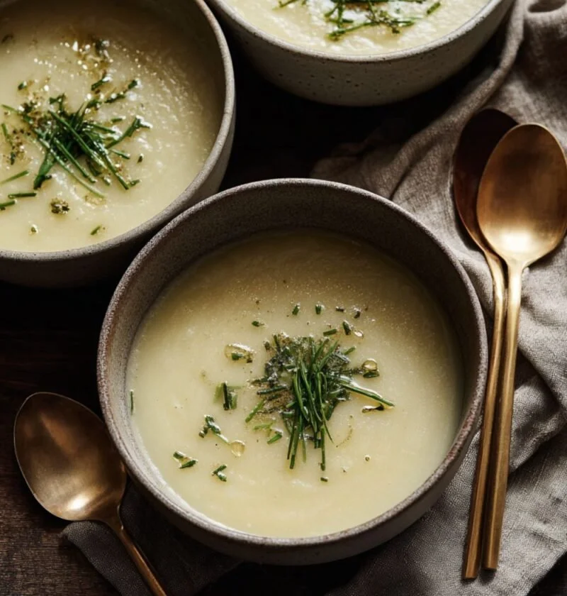 Three bowls of silky Gordon Ramsay leek and potato soup garnished with fresh chives and black pepper on a dark wood table