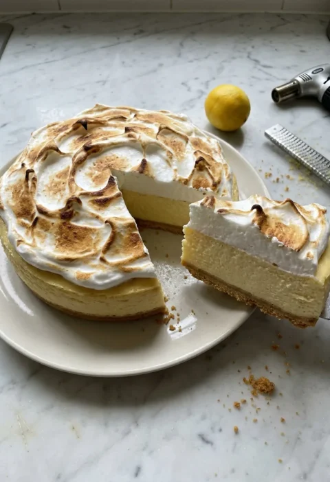 Gordon Ramsay lemon meringue cheesecake on white marble, a slice lifted to show the golden biscuit base, set lemon cheesecake layer and torched meringue top