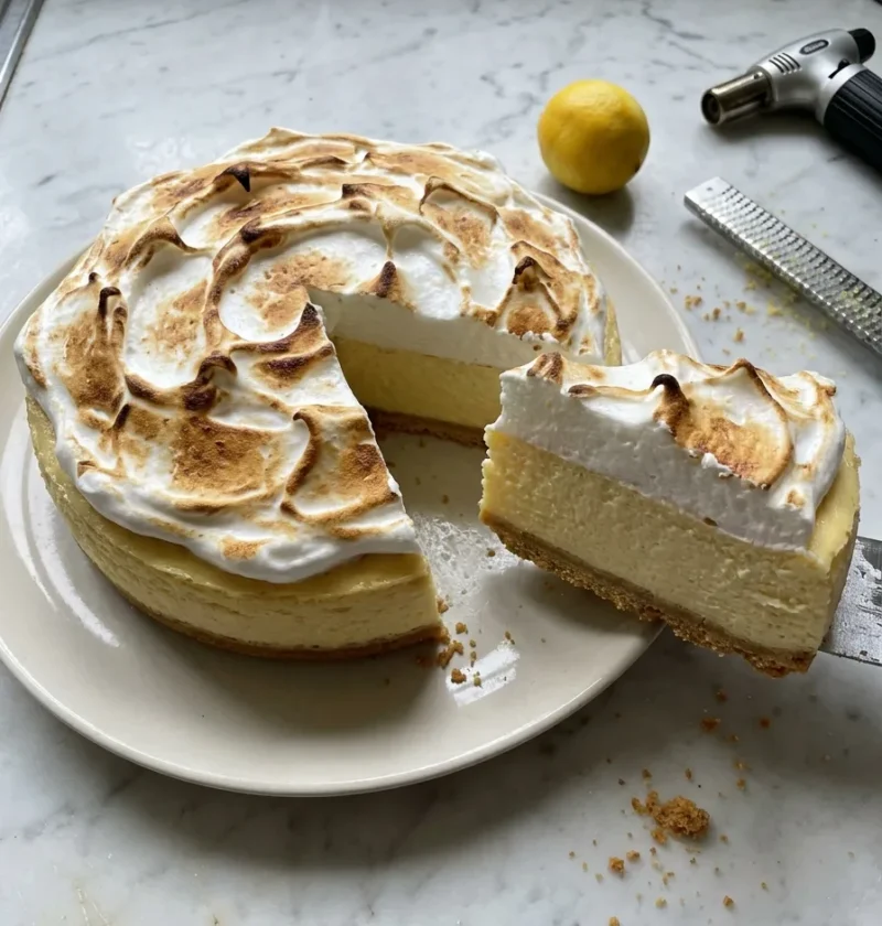 Gordon Ramsay lemon meringue cheesecake on white marble, a slice lifted to show the golden biscuit base, set lemon cheesecake layer and torched meringue top