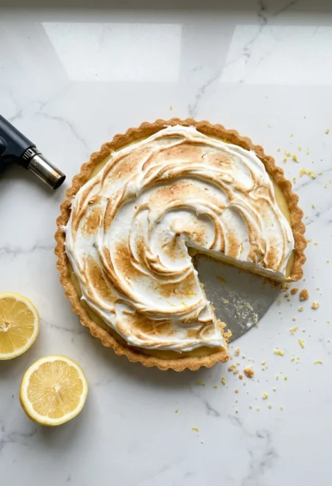 Gordon Ramsay lemon meringue pie, a shallow lemon tart with torched swirled meringue and a golden fluted pastry edge, one wedge cut out, on white marble