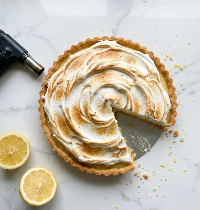 Gordon Ramsay lemon meringue pie, a shallow lemon tart with torched swirled meringue and a golden fluted pastry edge, one wedge cut out, on white marble
